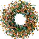 22" Artificial Fall Wreath for Front Door Autumn Wreaths with Eucalyptus Leaf Mixed Grain Daisies and Forsythia for Indoors Outside Home Decoration (Green)