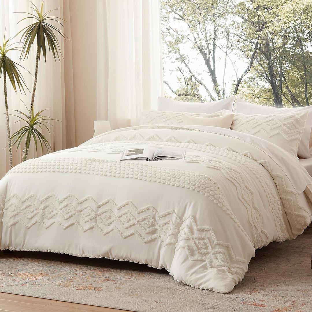 Luxudecor Boho Tufted Comforter Set King Size 3 Pieces Ivory White Shabby Chic Comforter Farmhouse Embroidery Bed Set Soft Comforter for All Seasons (Ivory White, 104''x90'')