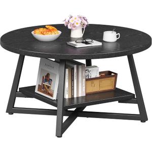 Coffee Table for Living Room, Round Coffee Table, Small Circle Coffee Table with Storage, Modern Wood Round Center Table for Home Office, Small Space, Easy Assembly, Black, Regular