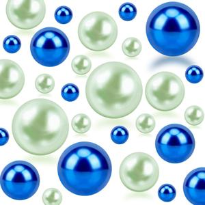 150Pcs Blue&Green Polished No Hole Faux Pearl Beads for Vase Filling Decorations, Plastic Pearls Vase Fillers, Table Scatters, Wedding Centerpiece, Home Decor, 8/14/20 mm