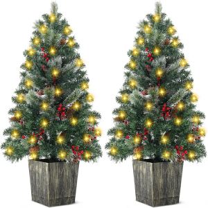2 PCS 4FT Pre-lit Potted Christmas Tree with Festive Berries Pine Cones Tree 100 LEDs 8 Modes Battery Timer Control Waterproof for Outdoor Porch Entrance Door Patio Entryway Home Decor