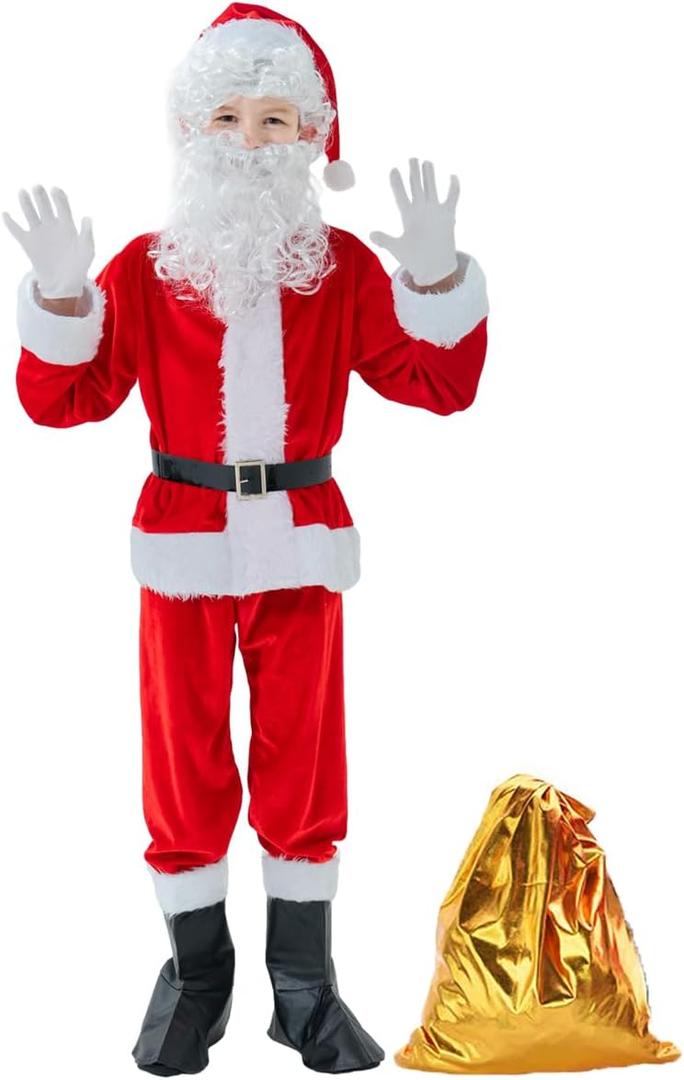 Boys Santa Costume Kids Santa Suit 9 PCS Youth Santa Costume for Halloween Christmas Holiday Cosplay Party (Medium)