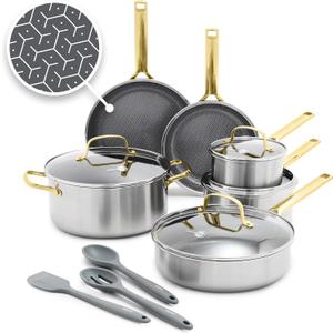 GreenPan Hybrid 13 Piece Nonstick Stainless Steel Cookware Set, APEX Tri-Ply Thermobond PFAS-Free Ceramic Pots & Pans, Induction & All Cooktop Compatible, Oven Temp to 850°F, Dishwasher Safe, Gold