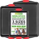 NutriChef 3‑Piece Nonstick Cookie Sheets – Carbon Steel Baking Sheet Set with Non Stick Coating & Red Silicone Handles – Oven Pans for Family Baking