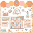 Janlaugh Groovy Classroom Calendar Bulletin Board Set with 3D Paper Fans Boho Retro Calendar Seasons Weather Chart Classroom Decoration for Back to School Blackboard Home Wall Decoration