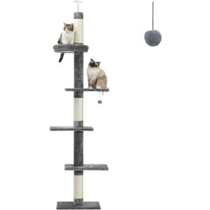 PETEPELA Cat Tower 5-Tier Floor to Ceiling Cat Tree Height(95-107 Inches) Adjustable, Tall Climbing Tree Featuring with Scratching Post, Cozy Bed,Interactive Ball Toy for Indoor Cats/Kitten Grey