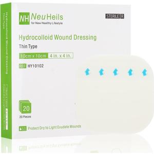 20 Pack Hydrocolloid Wound Dressing 4x4 Inch Extra Thin Hydrocolloid Bandages Patches for Light Exudates Pressure Ulcers, Bed Sores, Minor Burns, Cuts & Abrasions, Blister & Surgical Wound Care