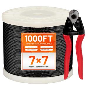 1000FT 1/8" Black Stainless Steel Cable Kit for Deck Railing, Premium T316, 7x7 Strands, 1/8" Wire Rope with Cutter, DIY Balustrades