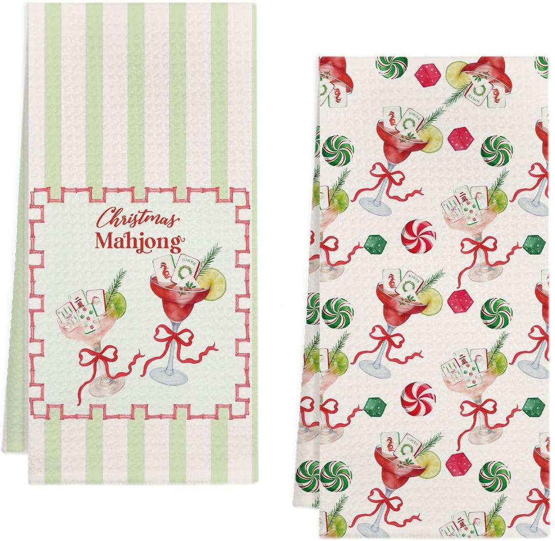KEUSPI Coquette Red Bow Christmas Mahjong Cocktail Kitchen Towels, Gifts for Mahjong Lovers, Red and Green Christmas Mah Jong Decorative Hand Dish Tea Towels for Kitchen Bar, 16x24 Inches Set of 2