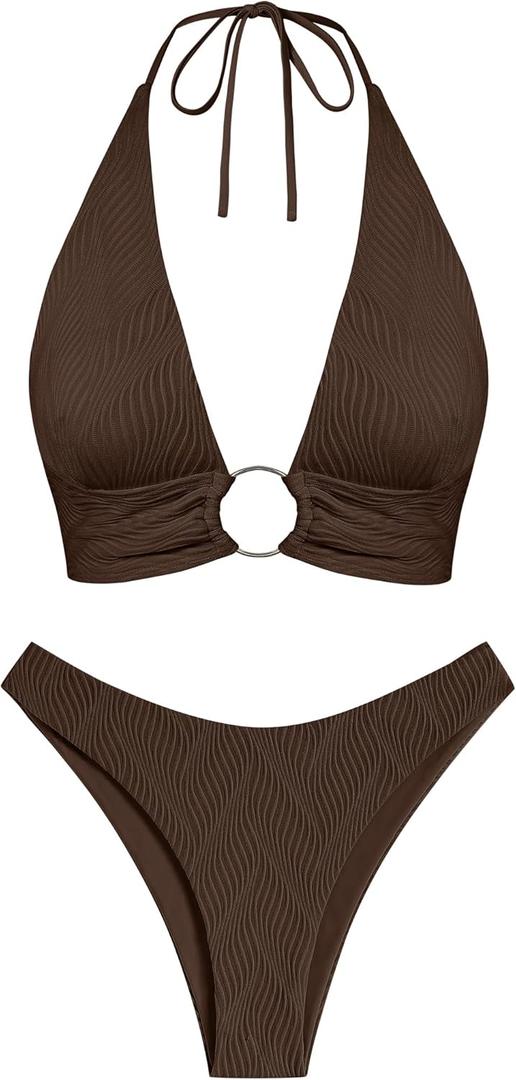 ZAFUL O Ring Halter Bikini Sets for Women High Cut Swimsuits Trendy 2 Piece Bathing Suit, Large