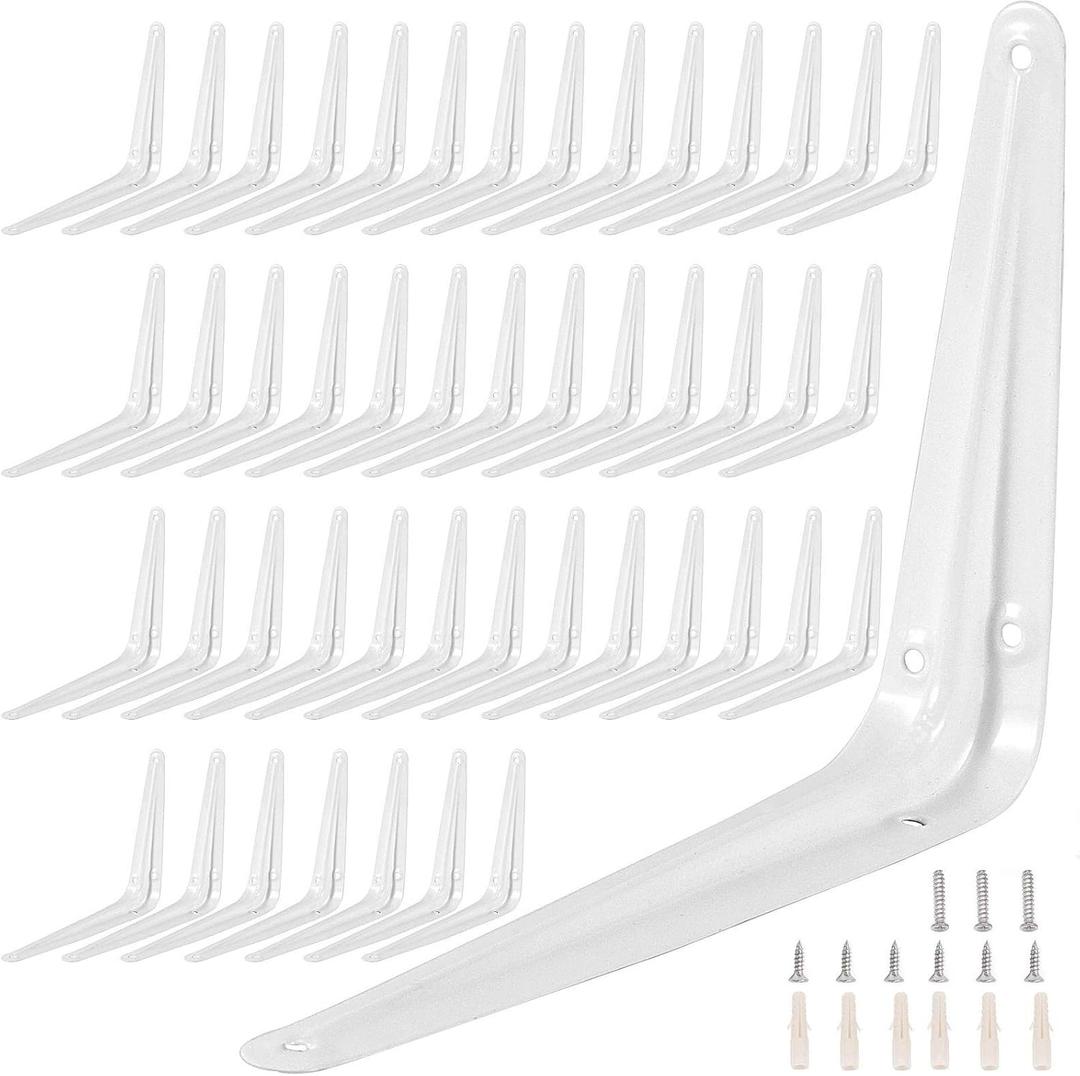 48 PCS 6 x 8 Inch White Shelf Brackets with Mounting Screws, Heavy Duty Wall Angel Corner Brace Shelving Brackets, L Bracket for Shelves