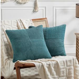 Fancy Homi 2 Packs Teal Decorative Throw Pillow Covers 18x18 Inch for Living Room Couch Bed Sofa, Rustic Farmhouse Boho Home Decor, Soft Corss Corduroy Patchwork Textured Square Cushion Case 45x45 cm