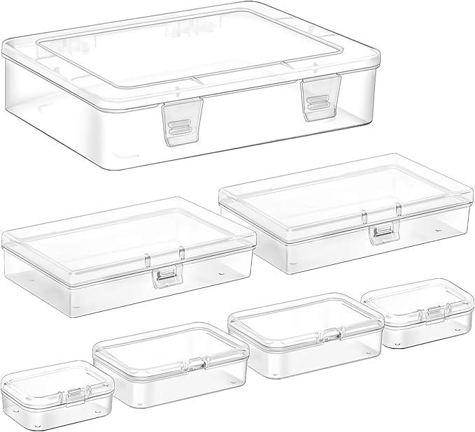 Jutieuo 7 Pack Mixed Sizes Rectangular Mini Plastic Containers Clear Plastic Storage Boxes with Hinged Lids Empty Beads Organizers for Small Items Art Craft Jewelry Projects