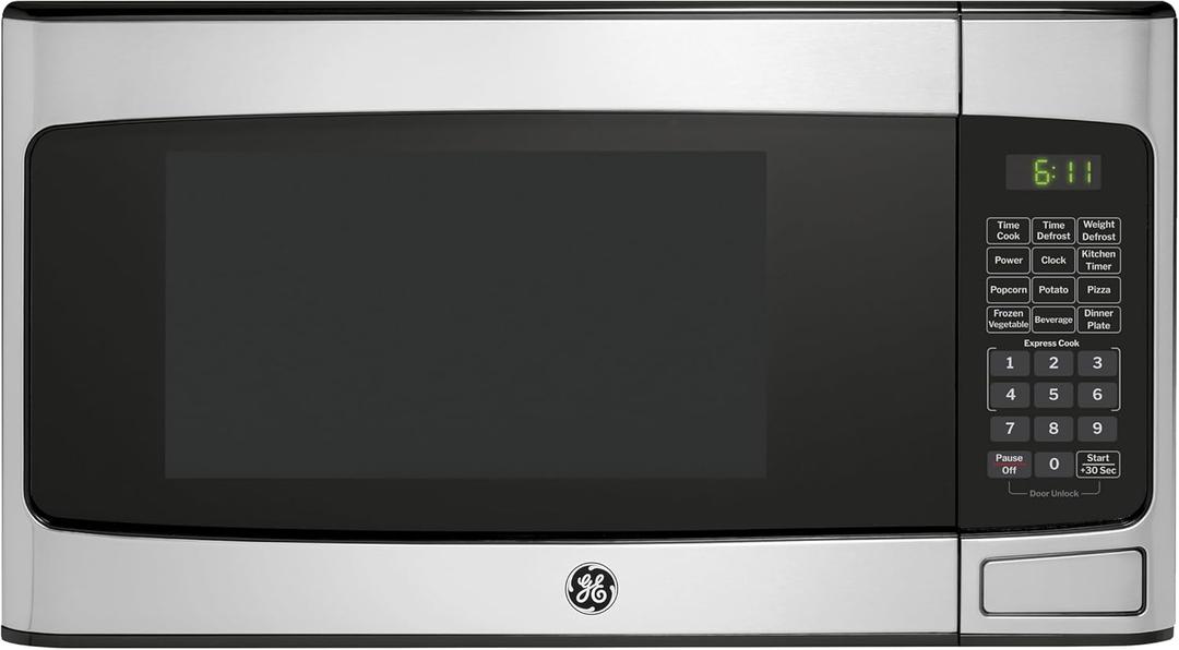 GE GCST11X1WSS Microwave Oven, 950-watt 6 Auto Cooking Settings, Child-Lock Technology, Kitchen Essentials for The Countertop, Dorm Room or Apartment, 1.1 Cu. Ft, Stainless Steel