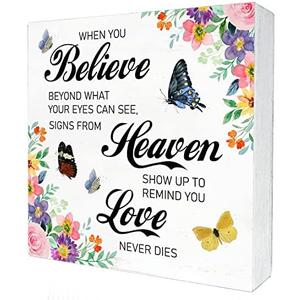 Believe Heaven Love Wood Box Sign Home Decor Rustic Butterflies Floral Spring Summer Wooden Box Sign Block Plaque for Wall Tabletop Desk Decoration, Pack of 2