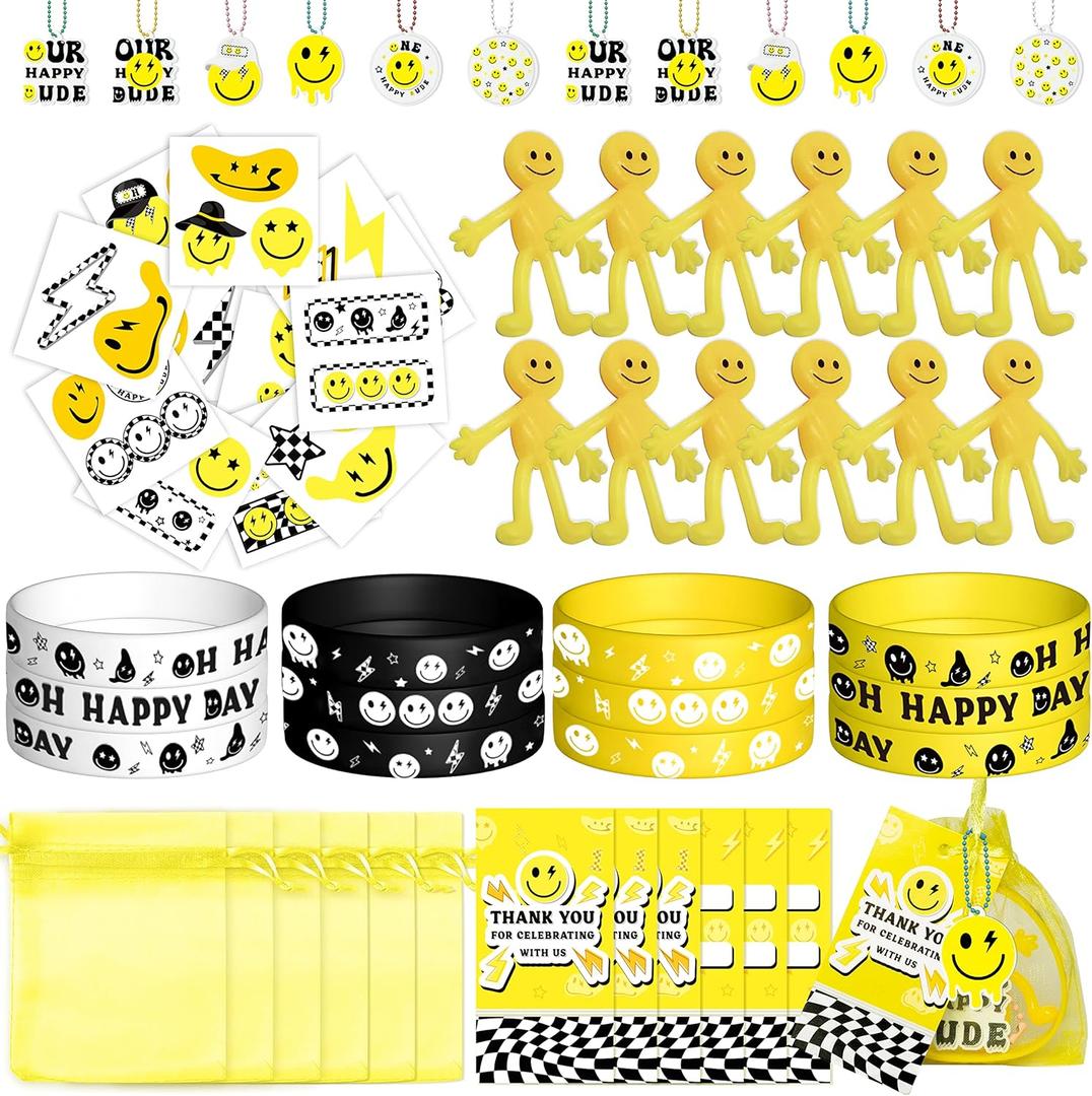 One Happy Dude Birthday Party Favor for Kids Smile Face Theme Gifts Set Include Bracelet Tatto Thank You Card with Keychain and Organza Smile Party Classroom School Supplies