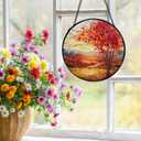 Fall Suncatchers Stained Glass Window Hanging, Rustic Farmhouse Autumn Landscape Sun Catchers Indoor Window Glass Round Wall Decor, Fall Wall Hanging Decorations, 7.9x7.9in