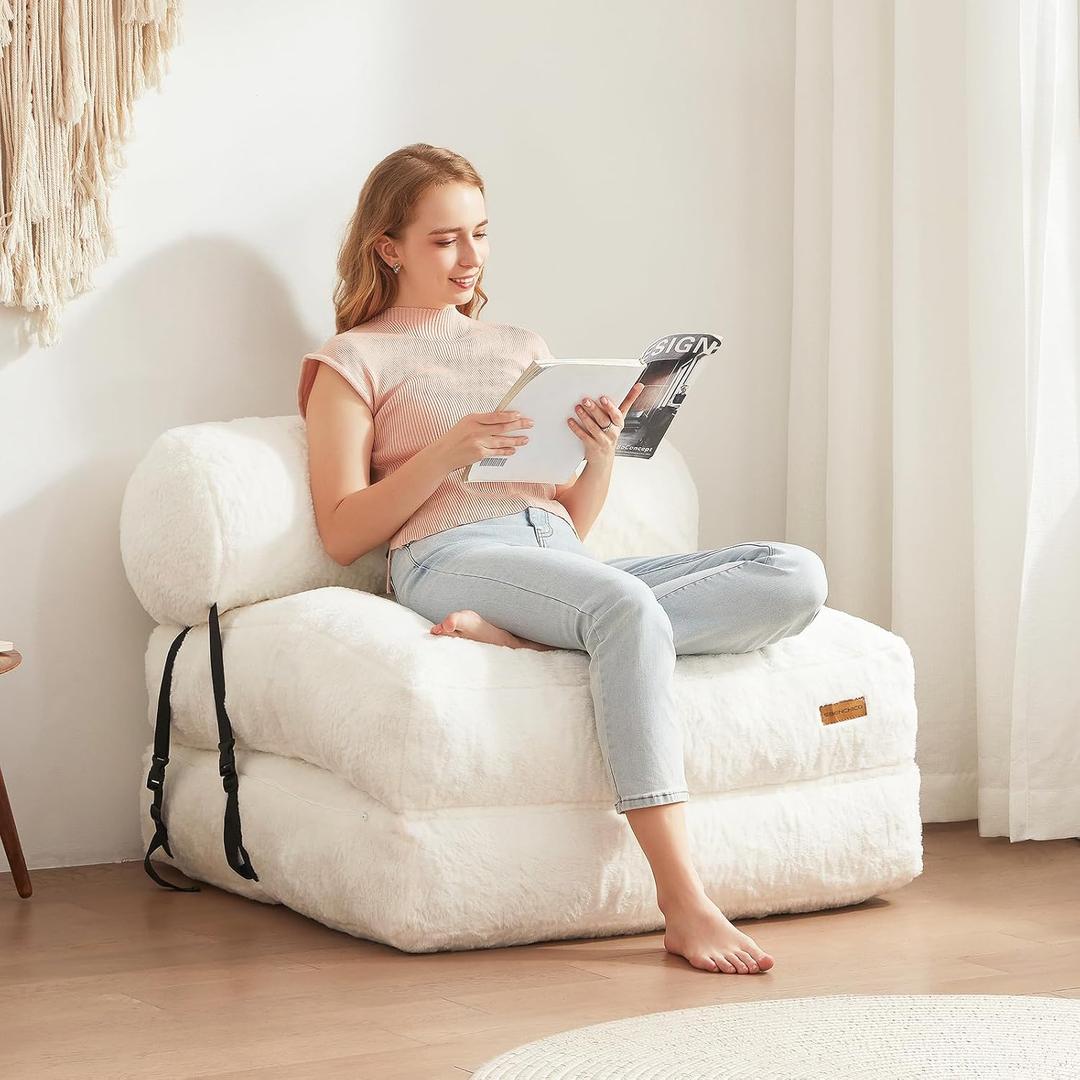 Folding Sofa Bed Convertible Lazy Sofa Bed Folding Sofa Chair Bed Convertible Sleeper with Pillow, Portable Folding Chair Folding Floor Bed for Living Room, Bedroom (Cream White)
