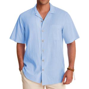Alimens & Gentle Mens Linen Shirts Cotton Hawaiian Shirts Short Sleeve Button Down Shirts Casual Summer Beach Tops (Small, Cool Blue)