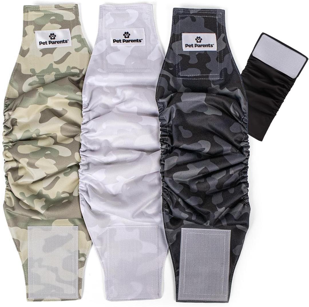 Pet Parents Washable Belly Bands for Male Dogs (3pack) + Extendrs of Durable Dog Diapers Male, Premium Male Dog Diapers & Dog Wraps (X-Small, Camo)