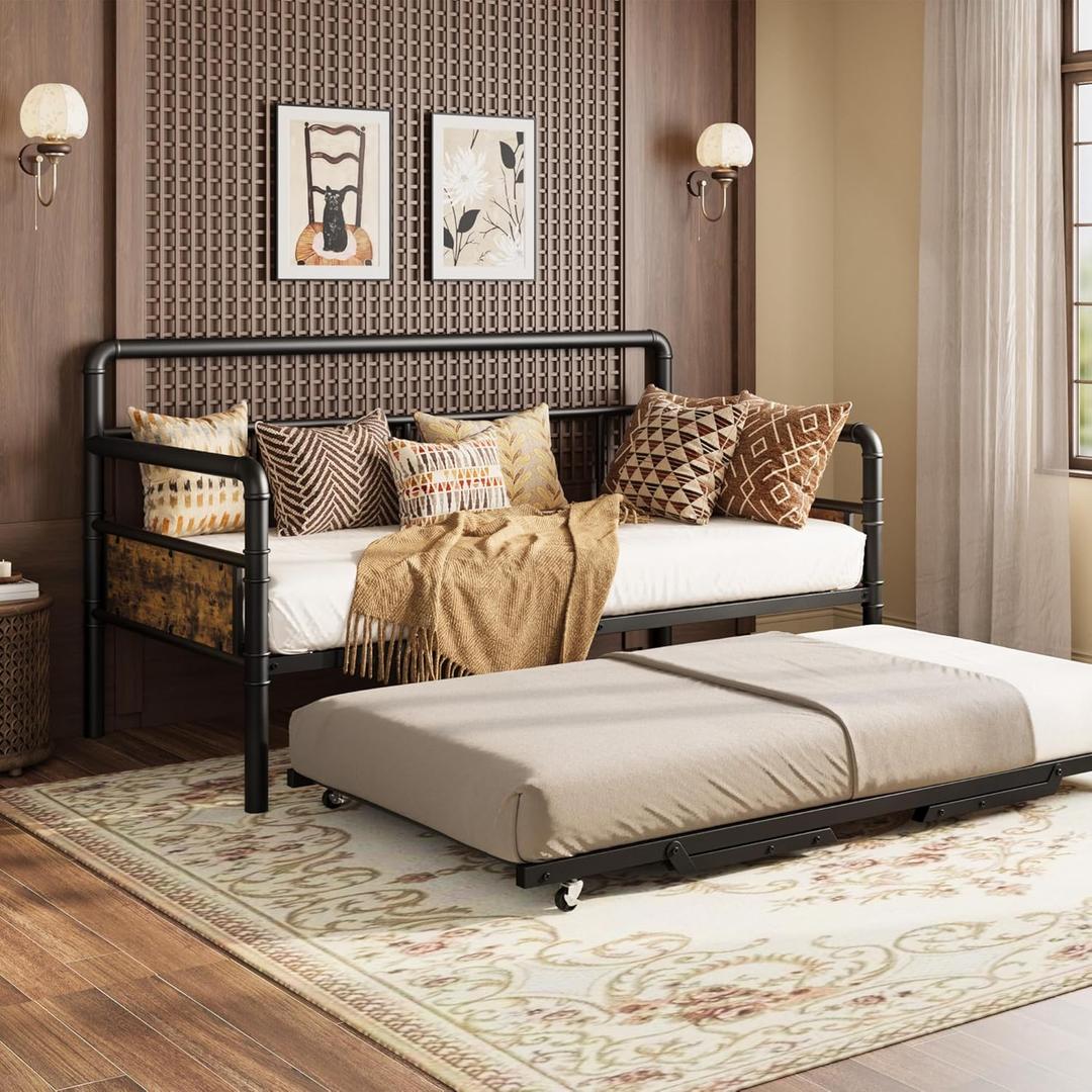 IDEALHOUSE Twin Daybed and Foldable Metal Trundle Bed, Metal Twin Bed Frame Heavy Duty Steel Slats Support,Sofa BedFrame for Living Room, Guest Room,Noise Free, Black