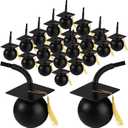 Gerrii 24 Set Graduation Cap Cups with Tassels Straws and Lids, 10 oz Reusable Hard Plastic Cups Graduation Gifts Bulk for Class of 2025 Grad Party Favor Supplies(Black)
