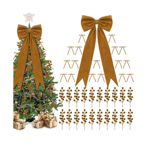Maysing Green Christmas Tree Decorations Bows and Berry Picks Set Include 1 Pcs 16 x 40'' Large Tree Topper Bow 24 Small Green Velvet Bows 24 Berry Picks Xmas Ornaments for Home Birthday Holiday Decor