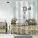 Windmill Shower Curtain Rustic Farm Country Bathroom Decor, Waterproof Cloth Fabric with Hooks, 70x78 Inches