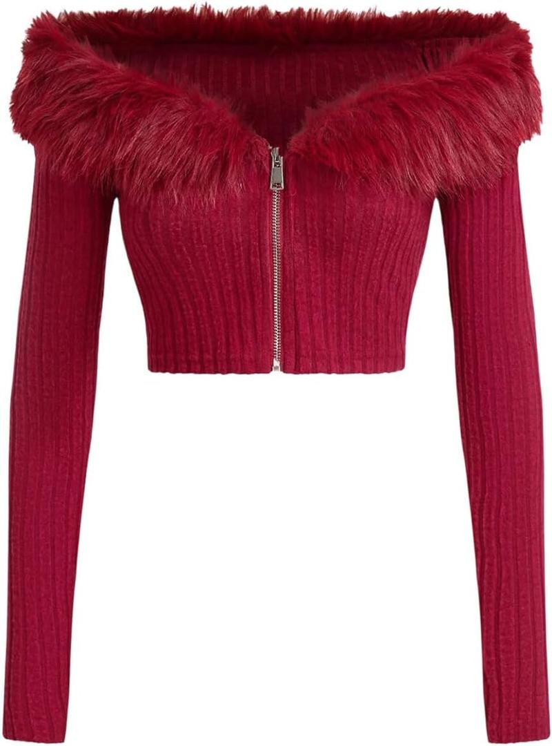 WDIRARA Women's Faux Fur Off Shoulder Crop Coat Zip Up Fuzzy Jackets Long Sleeve Knitted Outerwear (Red, M)