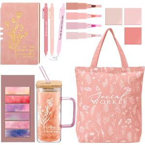 15 Pcs Social Worker Appreciation Gifts 16 oz Glass Cup Canvas Bag Notebook Ballpoint Pen Sticky Note Thank You Gifts for Women Coworker Bsw Msw Dsw Lcsw Volunteer Office Supplies(Pink)
