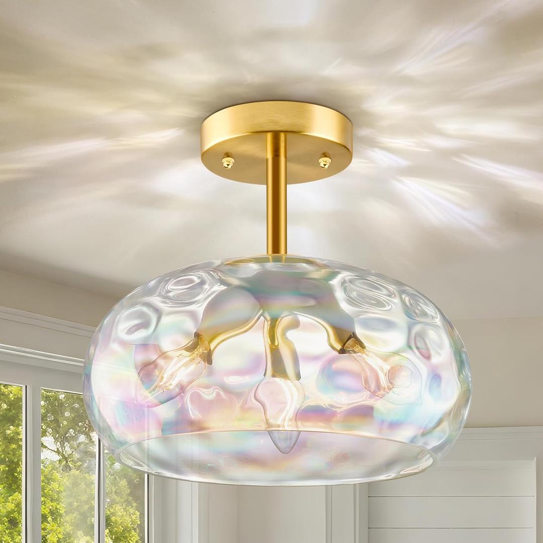 Gold Semi Flush Mount Ceiling Light, 12''& 3-Bulb Vintage Ceiling Light Fixture, Stained Glass Shade Hanging Hammered Lampshade for Hallway, Kitchen, Farmhouse, Foyer, Bedroom - Bulbs Not Included (Rainbow)