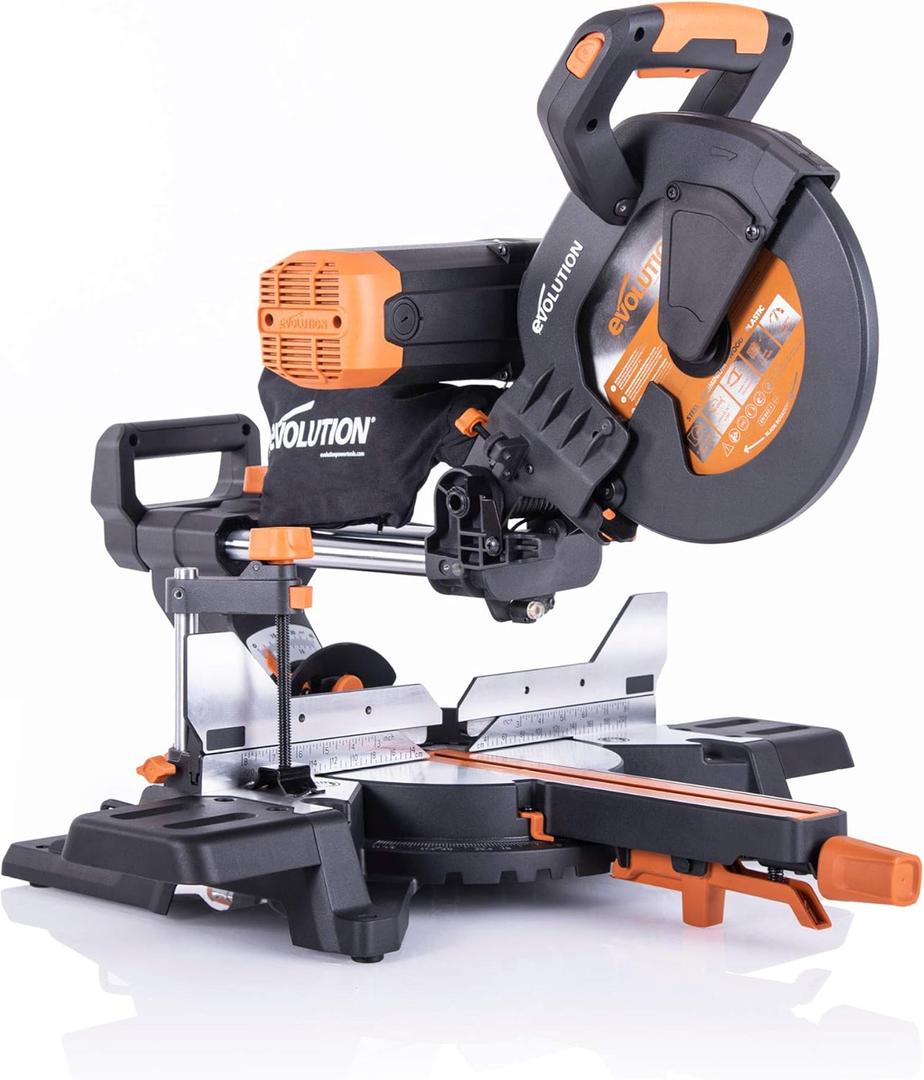 Evolution Power Tools R255SMS-DB+ 10-Inch Dual Bevel Sliding Miter Saw Multi-Material, Multipurpose Cutting Cuts Metal, Plastic, Wood 45-45 Double Bevel & 50-50 Miter TCT Blade Included
