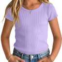 Girls T-Shirt Ribbed Short Sleeve Tops Knit Slim Fit Shirt 13-14 Y Crew Neck Casual Summer Trendy Tees for Youth Teen