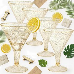 Liacere 24 Pack Gold Plastic Martini Glasses - 6.25oz Disposable Cocktail Glasses - Plastic Margarita Glasses Perfect for Wedding & Mother's Day & Summer Party