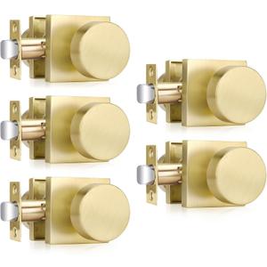 Haidms Gold Door Knobs Passage, Heavy Duty Square Brushed Gold Hall and Closet Door Knobs for Hallway, Zinc Alloy Passage Door Knob Hallways (5 Pack)