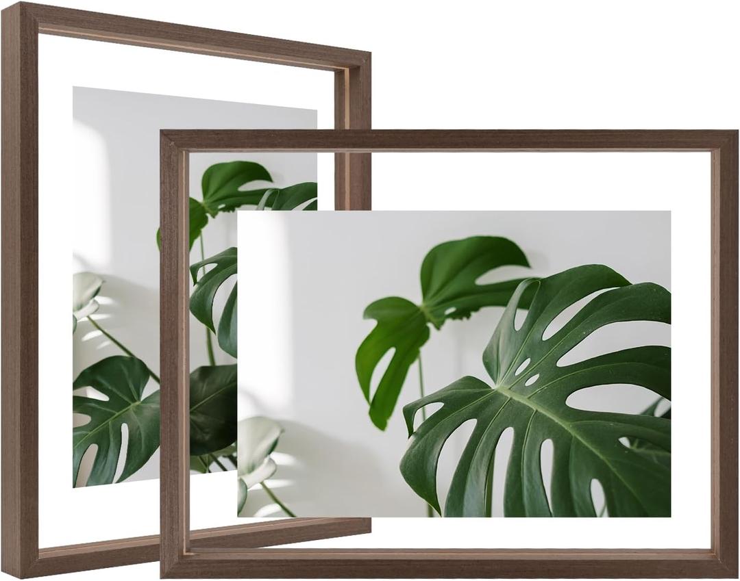 Egofine 8.5x11 Floating Frames Set of 2, Double Plexiglass Picture Frame, Made of Solid Wood Display Any Size Photo up to 8.5x11, Wall Mount or Tabletop Standing, Brown