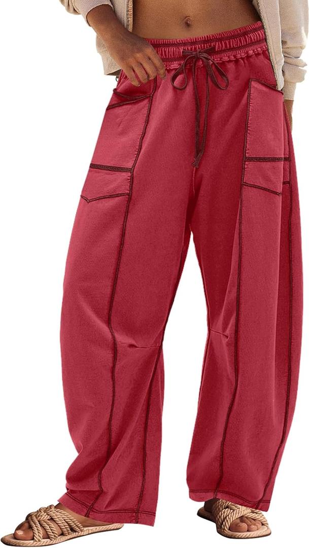 Panadila Womens Barrel Pants Drawstring Wide Leg Sweatpants Baggy Summer Lounge Pants Casual Beach Trousers (Red, M)
