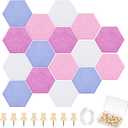 Mindsoft 16 Pcs Hexagon Cork Board for Walls with 50 Wooden Push Pins 6.7 x 5.9 in Felt DIY Tiles Notice with Nano Tape Hanging Bulletin Board for Home Photo Office Memo Note (Pink)