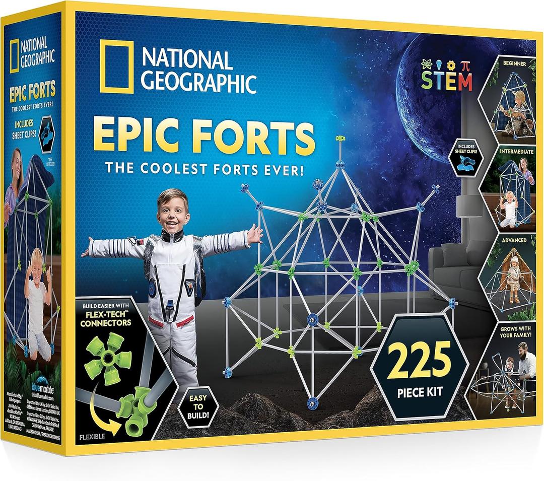 National Geographic Indoor Fort Building Kit - 225 Pieces for Creative Play, STEM Building Toys for Kids Ages 6-12, Blanket Fort 