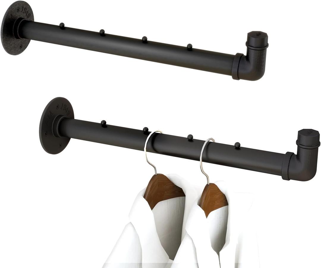 IBUYKE 2 Pcs 15.7 Inch Industrial Pipe Clothes Bar, Multifunctional Wall Mounted Clothes Rail, Heavy Duty Space-Saving Hanging Closet Rod for Bedroom Bathroom, Black TYJ008H-2