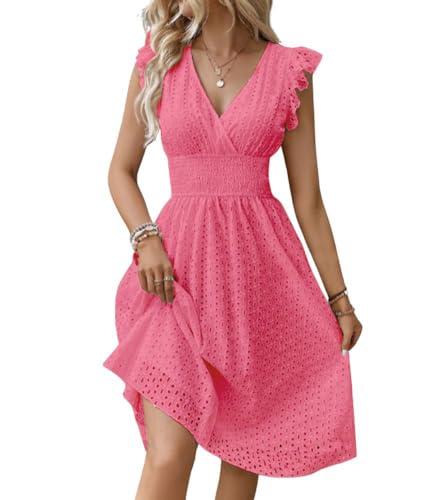 chouyatou Women's 2024 Eyelet Lace Embroidery Smocked Waist Party Dress Sexy Flutter Sleeve A Line Midi Long Sun Dress (X-Small, Dark Pink)