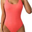 Limeeke Women One Piece Swimsuit Solid Ribbed Monokini Swimwear Scoop Neck Low Back Bathing Suit (S)