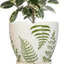 Ceramic Planter - 10 Inch Plant Pot for Outdoor Flowers with Drainage Hole and Saucer, Boho Round Decorative Indoor Flower Pot, Gifts for Plants Lovers, Home Patio Garden Room Decor, White (Fern Leaves White)