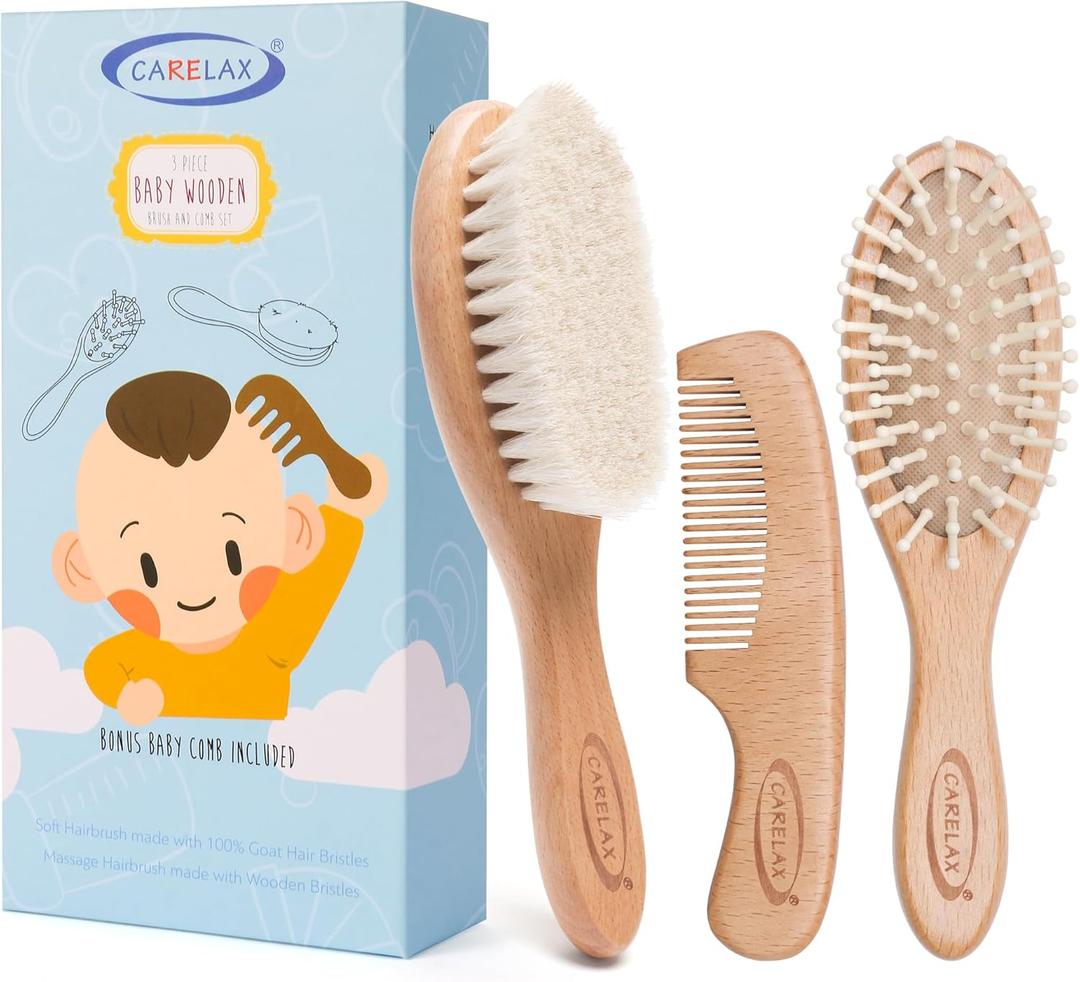 Baby Hair Brush & Comb Set, Organic Wooden Hairbrush Natural Goat Bristles 3-Piece for Newborns & Toddlers, Ideal for Cradle Cap & Itching, Perfect Shower and Registry Gift for Infant, Toddler, Kids