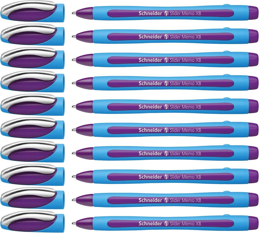 Schneider Slider Memo XB (Extra Broad) Ballpoint Pen, 1.4 mm, Light Blue Barrel, Violet Ink, Box of 10 Pens (150208)