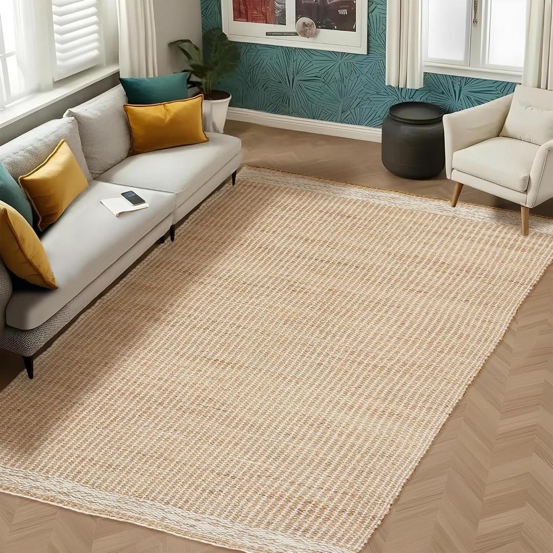 5' x 8' Jute & Wool Area Rug Handwoven Mini Check Pattern with 4-Inch Border Natural Farmhouse Living Room, Dining & Bedroom Rug, Neutral Flatweave Indoor Dcor (5' x 8')
