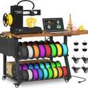 Anrigeail 3D Printer Stand with Foldable Desktop & Fabric Drawer – Compact Rolling 3-Tier 3D Printer Table with Power Outlet & X-Bracket Stability for Small Spaces, Home, Workshop,Brown, 35.4" x 29.7" x 26" H