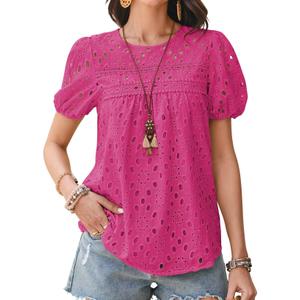 Falechay Cute Tops Womens Tunic Tops to Wear with Leggings Spring Shirts for Women Dressy Casual Lace Eyelet Crochet Crew Neck Short Sleeve Cute Blouses Boho Clothing Plus Size XL Hot Pink (Pink, XL)