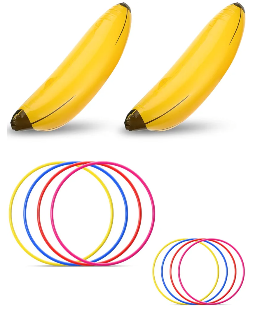 10 Pieces Bachelorette Party Game and swimming pool Inflatable Banana Ring Toss Game Kit, Include 2 Pieces Banana with 8 Pieces Plastic Toss Rings for Tossing Games Party and swimming pool Decorations