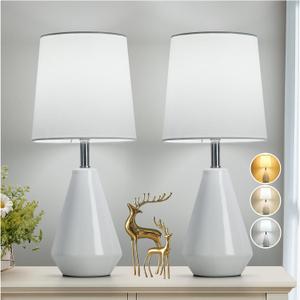 Small Bedside Table Lamp for Bedroom-Reading Desk Lamp Set of 2,with 3 Color Temperatures,15.5" Nightstand Ceramic Lamp with Fabric Shade for Kids Room,Living Room,Dorm,Home Office(White)